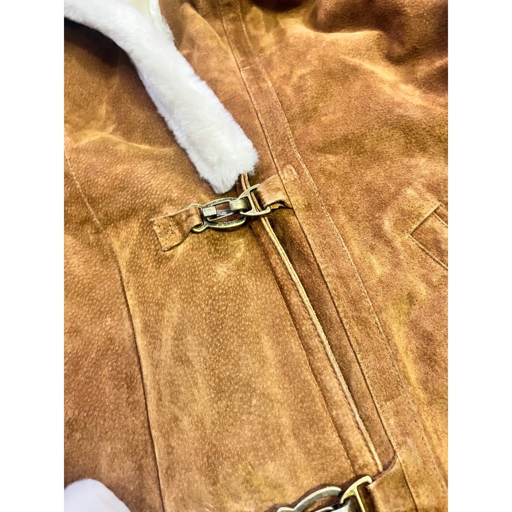 Suede Vintage Sherpa Lined Hooded Toggle Leather Coat Brown Womens Size M - Picture 5 of 14